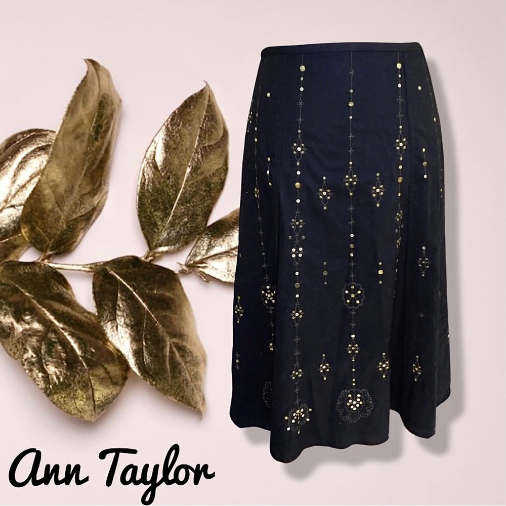 Woman's Boho Style Black w/Gold Embroidered Sequence Skirt by Ann Taylor